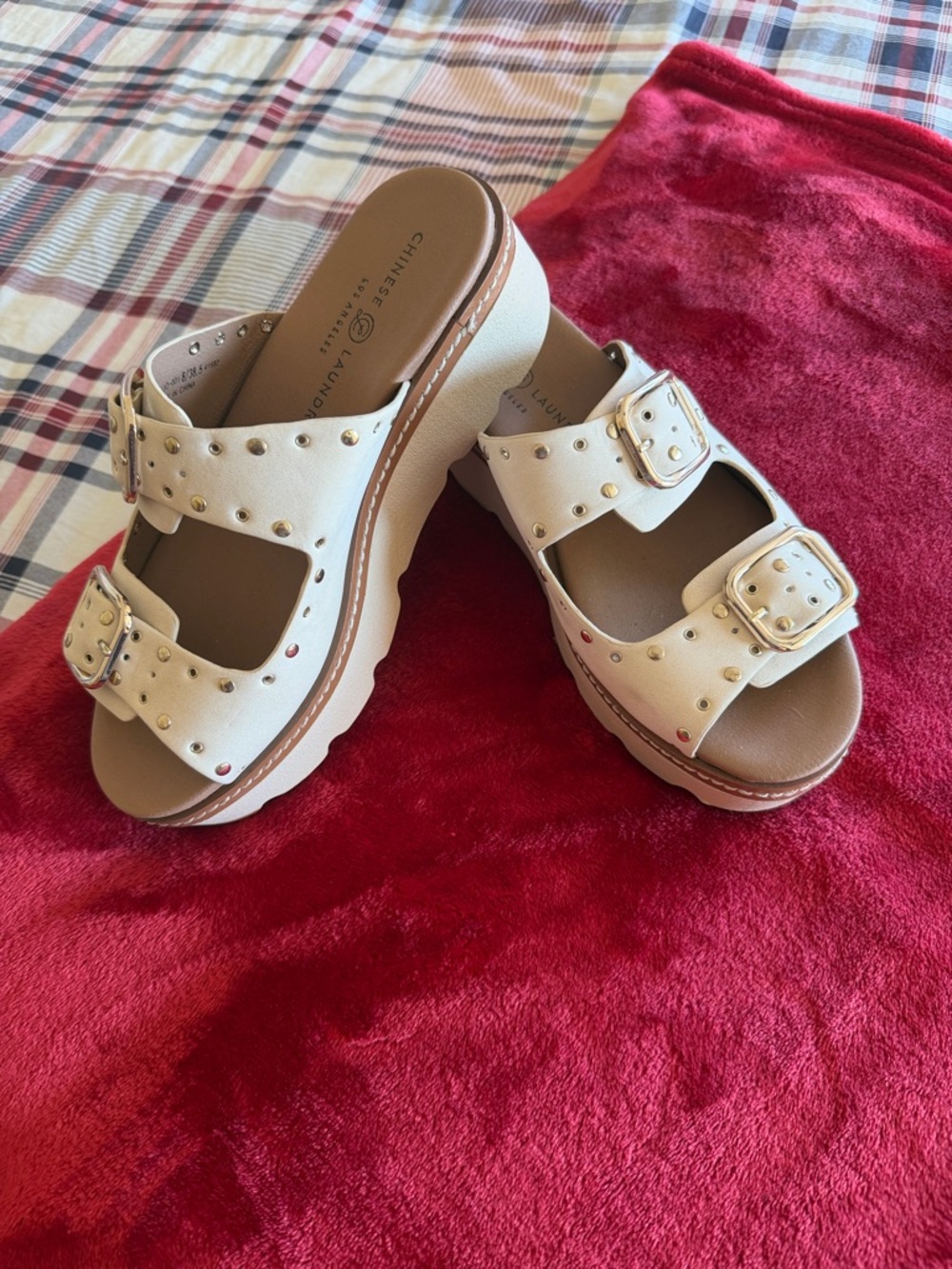 Chinese Laundry Cream Studded Dual-Buckle Platform Mules